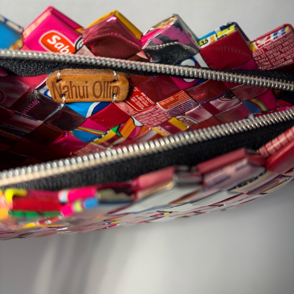Nahui Ollin Bag Wristlet Recycled Candy Gum Wrapper Woven Multicolored Purse 7” - Picture 2 of 12